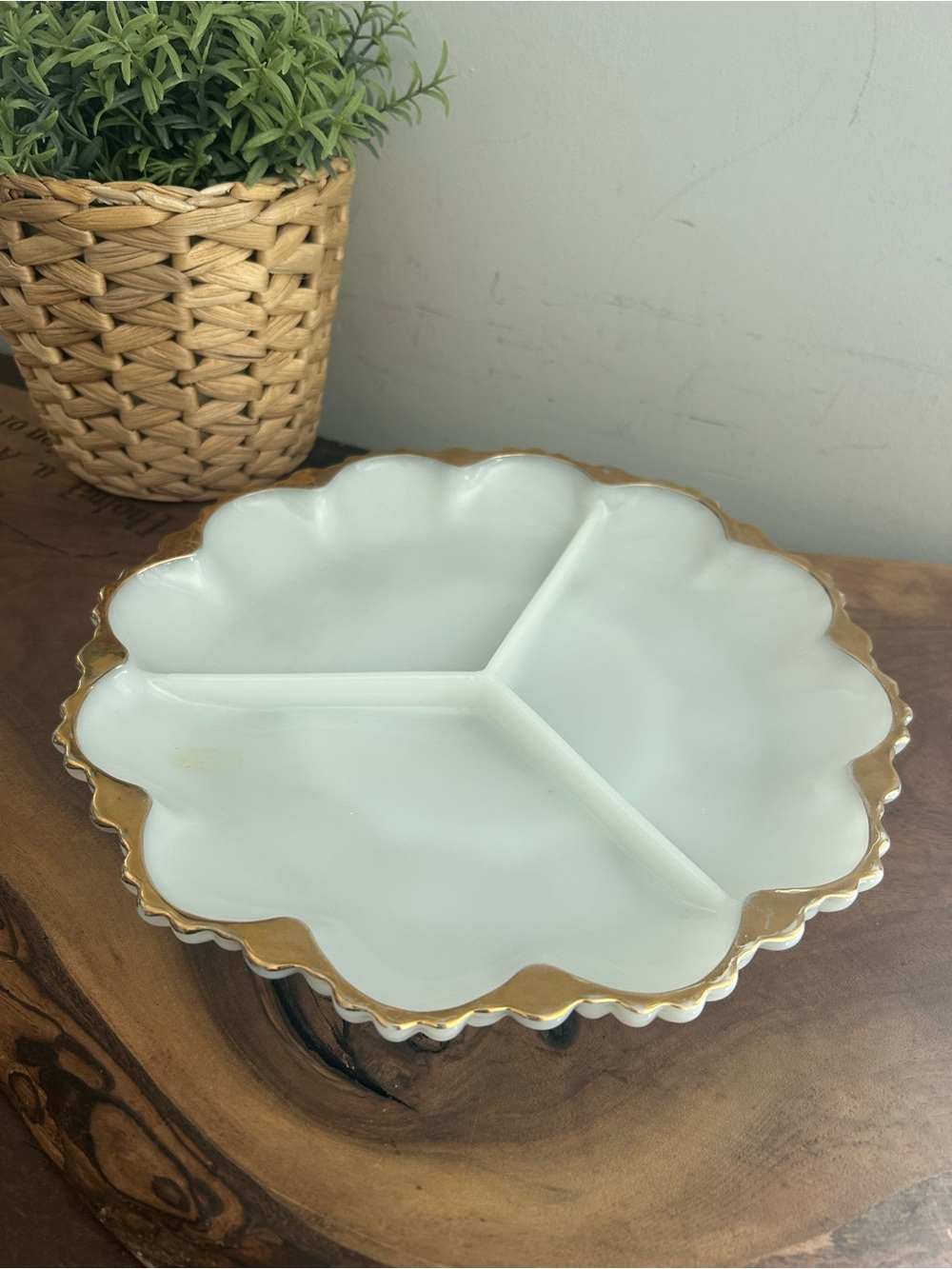 Vintage Fire King White Milk Glass Divided 3 sections Relish Dish Gold  Trim